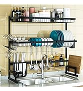 PUSDON 3 Tier Over Sink Dish Drying Rack (34"-45"), 2 Cutlery Holders Adjustable Dish Drainer for...