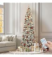 YITAHOME 6FT Prelit Flocked Fraser Fir Pencil Christmas Tree w/Remote | Hinged Artificial Slim Co...
