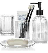 Topsky Glass Bathroom Accessories Set of 4,Clear Vertical Stripe Design with 400ml Liquid Hand So...