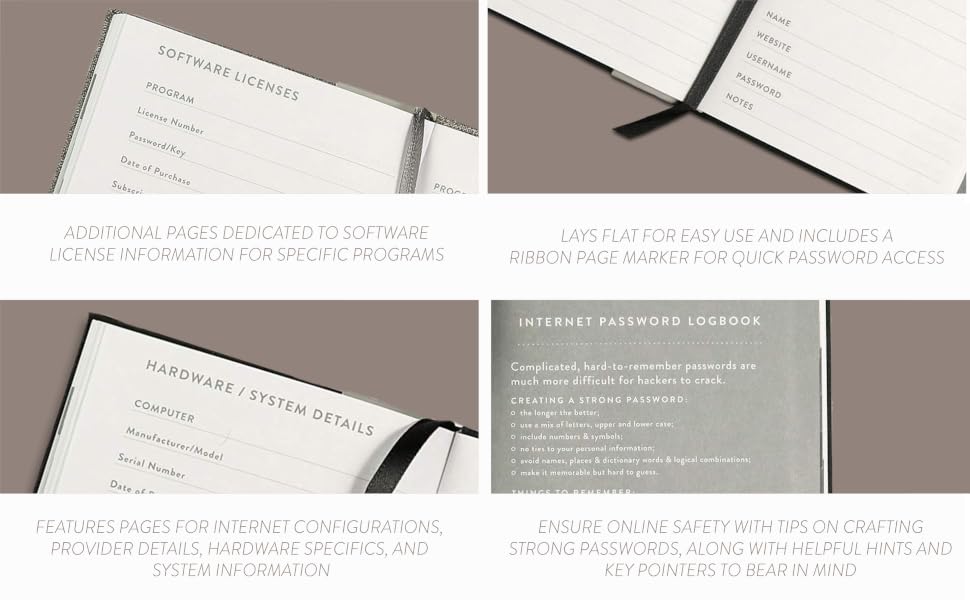 password book, network licenses, software licenses, hardware details, lay flat journal