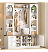 HOOBRO Hall Tree with Bench and Shoe Storage, 51" Entryway Bench with Coat Rack, Farmhouse Entryw...