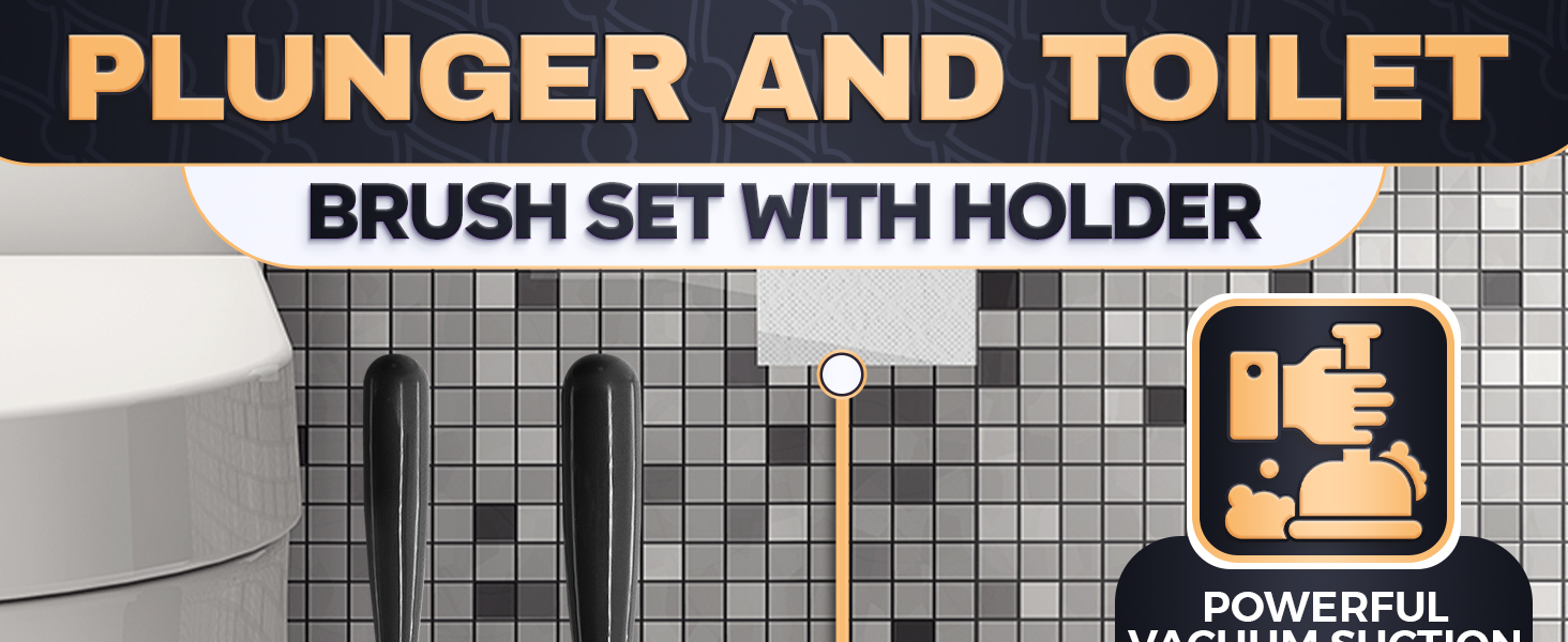 Toilet brush and plunger set black stands upright in a slim holder against a mosaic tiled wall