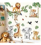 decalmile Safari Animals Wall Stickers Jungle Tree Branch Tropical Leaves Elephant Lion Wall Deca...