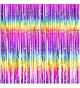 Thicken Neon Rainbow Streamers 2 Pack 3.3 x 6.6 FT, Tinsel Backdrop Curtains for Birthday Decrora...