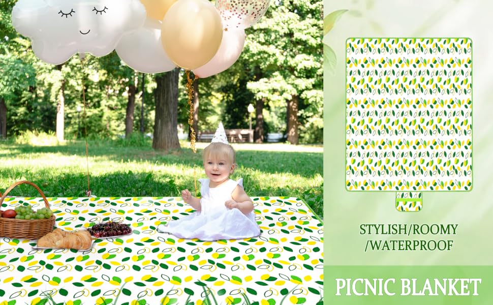 Lemon leaf print waterproof picnic blanket for outdoor family use