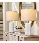 PoKat 20.75" Stone-Like Farmhouse Ceramic Table Lamps Set of 2 for Bedroom, White Bedside Lamps f...