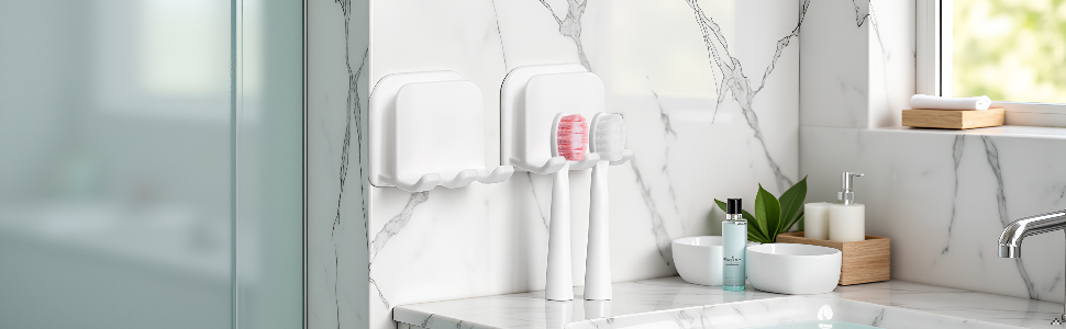 A modern bathroom with a sleek, minimalist design featuring a product displayed on a clean, white su