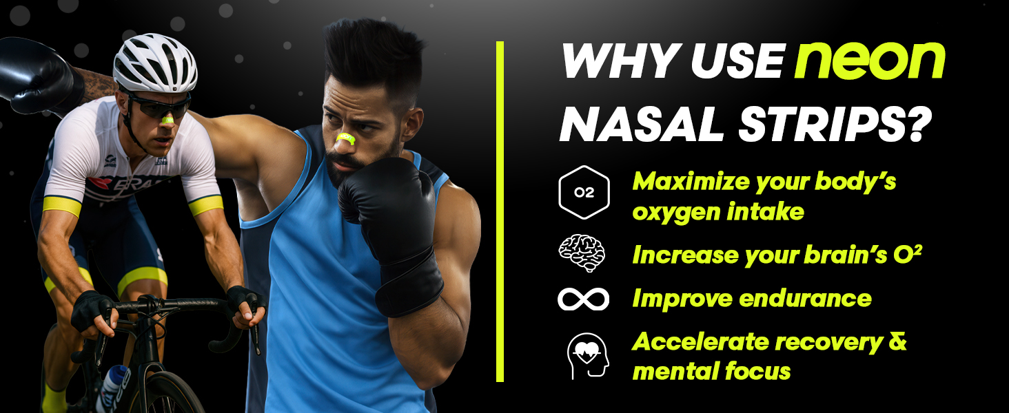 Text reads 'WHY USE neon NASAL STRIPS?' with bullet points: 'Maximize your body's oxygen intake', 'Increase your brain's O²', 'Improve endurance', 'Accelerate recovery & mental focus'. Sports-themed marketing image.