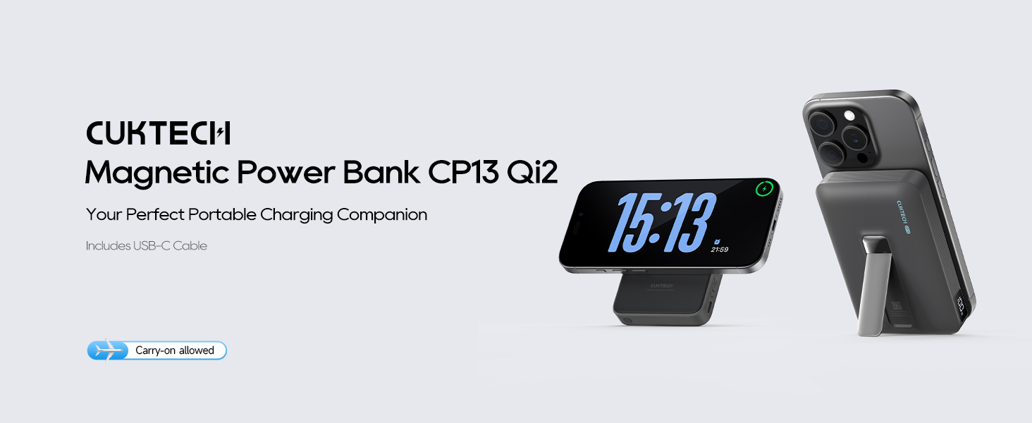 Text reads 'CUKTECH Magnetic Power Bank CPB Qi2'. Product images showing black magnetic power bank device with digital clock display and multiple viewing angles.