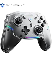 Text reads 'MACHENIKE'. Multiple angles of a white gaming controller with black accents, featuring RGB lighting elements and standard gaming button layout.