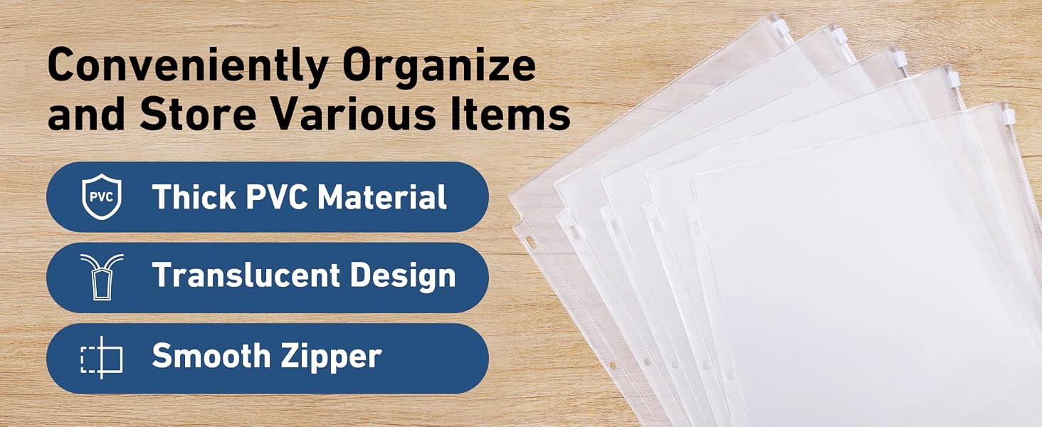 Clear Letter Size Binder Pockets 3 Ring Binder Zipper Pouch Document Organizer
