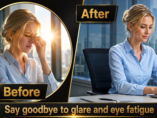 Anti glare window cover shields home office desktop computer screens from sun spots.