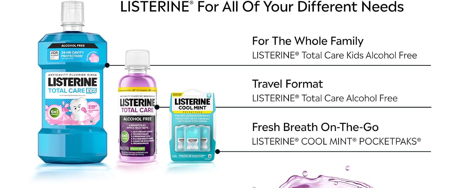 Listerine products listed: kids alcohol free, travel format, pocketpack format