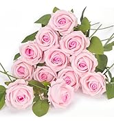 uehdydh 12 Pcs Pink Roses Artificial Flowers, Real Touch Fake Velvet Flowers with Stems in Bulk f...
