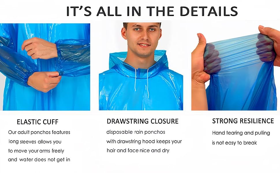 Rain Ponchos for Family Adults - Disposable Adult Rain Poncho with Drawstring Hood