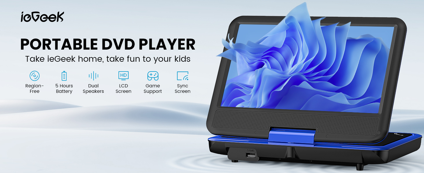 ieGeek Portable DVD Player with 9.5-inch screen, suitable for Kids road trip entertainment