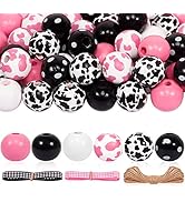 150PCS 16mm Pink Cow Print Wood Beads, Colored Wood Round Beads with Twine and Plaid Ribbons, Pin...