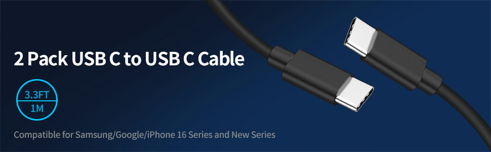 2 pack black USB c to usb c charging cable 3.3 feet