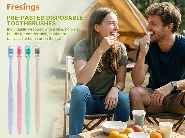 Travel-ready pre-pasted disposable toothbrushes, individually wrapped, slim non-slip handle