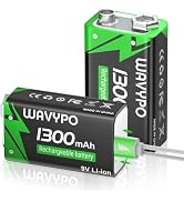 WAVYPO 2-Pack 1300mAh Rechargeable 9V Batteries,9 Volt Lithium-ion Batteries Long Lasting with 2-...