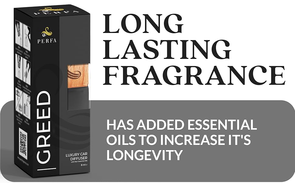 Black fragrance product box labeled 'CREED' with text 'LONG LASTING FRAGRANCE' and 'HAS ADDED ESSENTIAL OILS TO INCREASE IT'S LONGEVITY'.