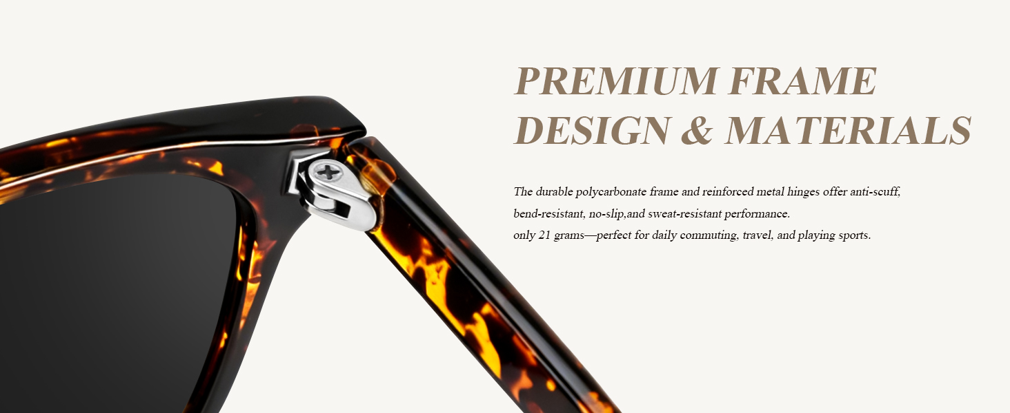 polycarbonate frame and reinforced metal hinges offer anti-scuff, bend-resistant, no-slip,