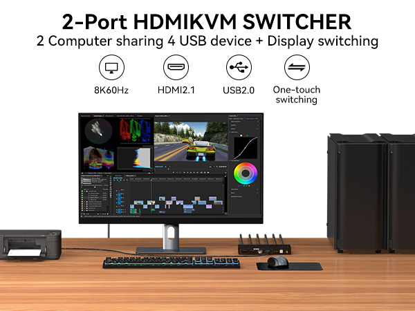 HDMI KVM Switch 2 Computer 1 Monitor 8K 60Hz