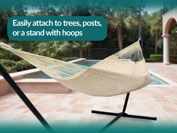easily attach to trees, posts, or a stand with durable hoops