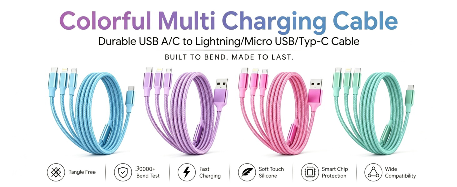 purple blue pink green multi charging cable 4ft 2pack 3 in 1 charger cord 3 in 1 charging cable usb