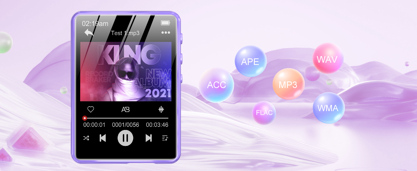 Purple digital music player with touchscreen display showing album artwork. Device features playback controls and song information. Surrounded by colorful bubbles with audio file format labels.