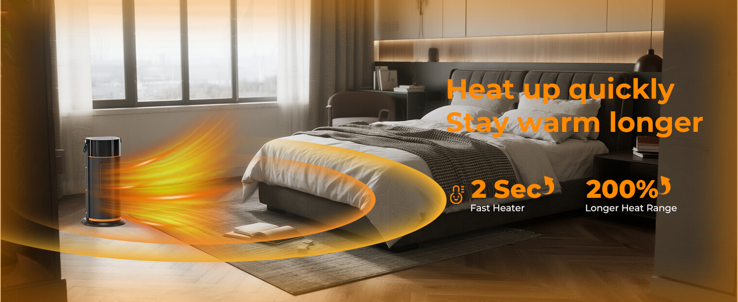 Text reads 'Heat up quickly' and 'Stay warm longer' with '2 Sec!' and '200%' indicators. Room interior showing radiator or heating device with orange thermal visualization effects.