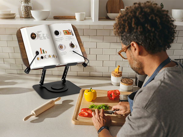 Series of images showing cookbook or recipe book stand in use on kitchen counter while preparing food and cooking.