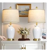 Cinkeda 23" Set of 2 White Ceramic Small Table Lamp for Living Room Bedroom,Modern Bedside Lamps ...