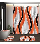 Tayney Orange Striped Shower Curtain Set with Toilet Lid Cover and Non-Slip Rugs for Bathroom, Gr...