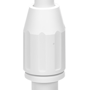 White plastic or ceramic dispenser component shown in profile view against white background. Appears to be part of a larger dispensing system.