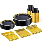 150 PCS New Year Black and Gold Disposable Dinnerware Set, Plastic Plates for Party, Including 25...