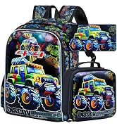 AGSDON 3PCS Kids Backpack for Boys, Trucks Bookbag with Lunch Box for Kids 6-8 Preschool Kinderga...