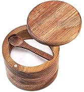 Acacia Wood Salt and Pepper Bowl, Nature Wood Salt Cellar and Spices Storage Box With Built-in Sp...