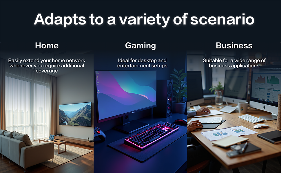Three-panel display showing networking scenarios: living room with TV, gaming setup with RGB keyboard, and business desk with monitors and paperwork.