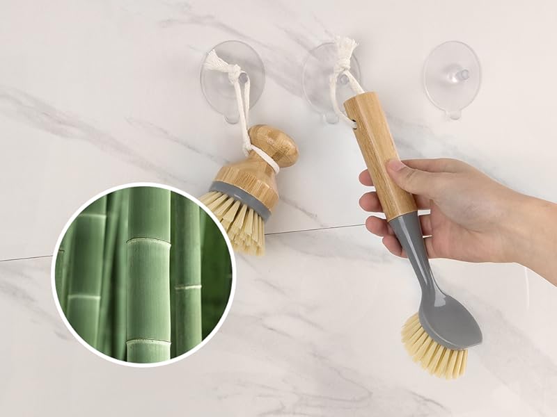 MR.SIGA Dish Brush with Bamboo Handle Built-in Scraper, Scrub Brush for Pans, Pots