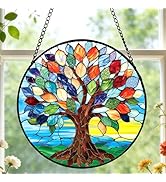 Stained Glass Window Hanging, Colorful Tree of Life Suncatcher for Door Home Decor, Glass Panel S...