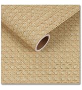 CRE8TIVE Non-Textured Natural Brown Rattan Wallpaper Peel and Stick Faux Woven Pattern Cane Ratta...