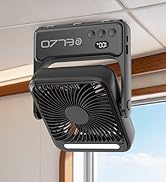 Text reads '07 °F 0' on digital display. Portable black square fan with louvered face mounted on white pole showing temperature control interface.