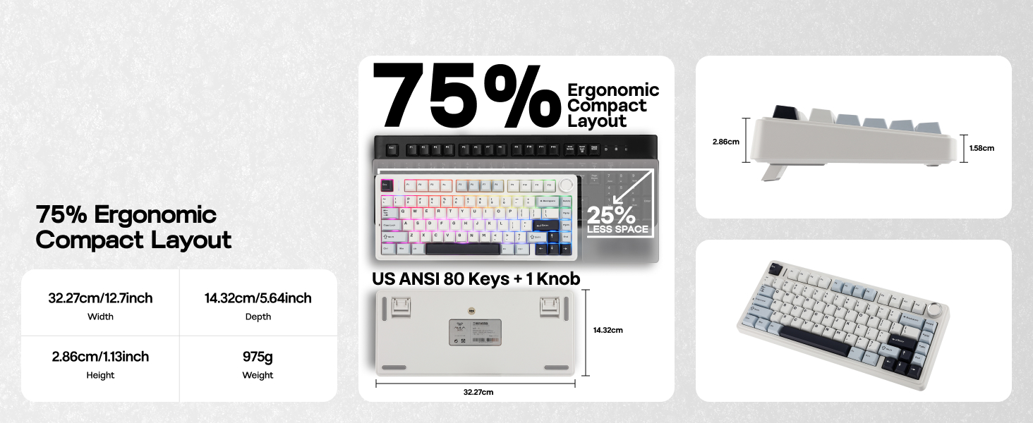 75% ergonomic compact keyboard layout diagram showing dimensional specifications, with multiple views including side profile and top-down perspective of a white mechanical keyboard.