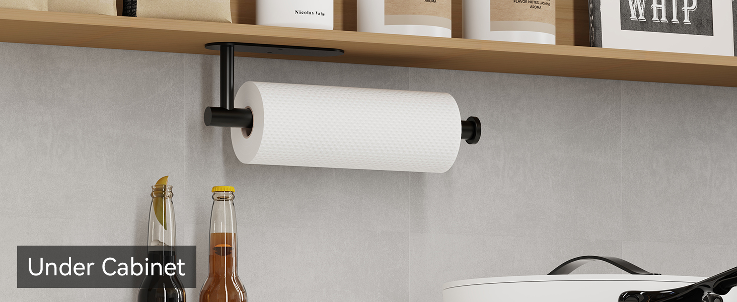 Black paper towel holder installed under kitchen cabinet for compact countertop organization