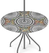 Outdoor Round Fitted Tablecloth - Elastic Edge Circular Table Cloth with Umbrella Hole & Zipper -...
