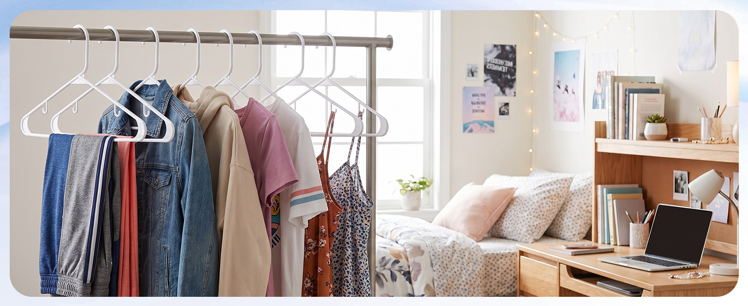 Laundry room: transferring dry clothes onto plastic hangers white straight from dryer. No wrinkling