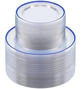 BESTSTAR 200PCS Blue and Clear Plastic Plates, Blue Disposable Plate Set with 100 Dinner Plate an...
