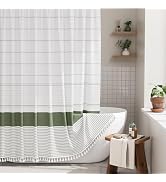 AmazerBath Boho Shower Curtain Set, Rustic Faux Linen Sage Green Striped Shower Curtain with Hook...