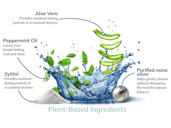 Plant-based rinse with aloe, xylitol, peppermint oil, and nano silver for clean, fresh breath.